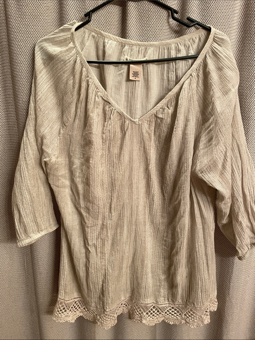 Ruff Hewn Light Cream V-Neck Crochet Hem Blouse